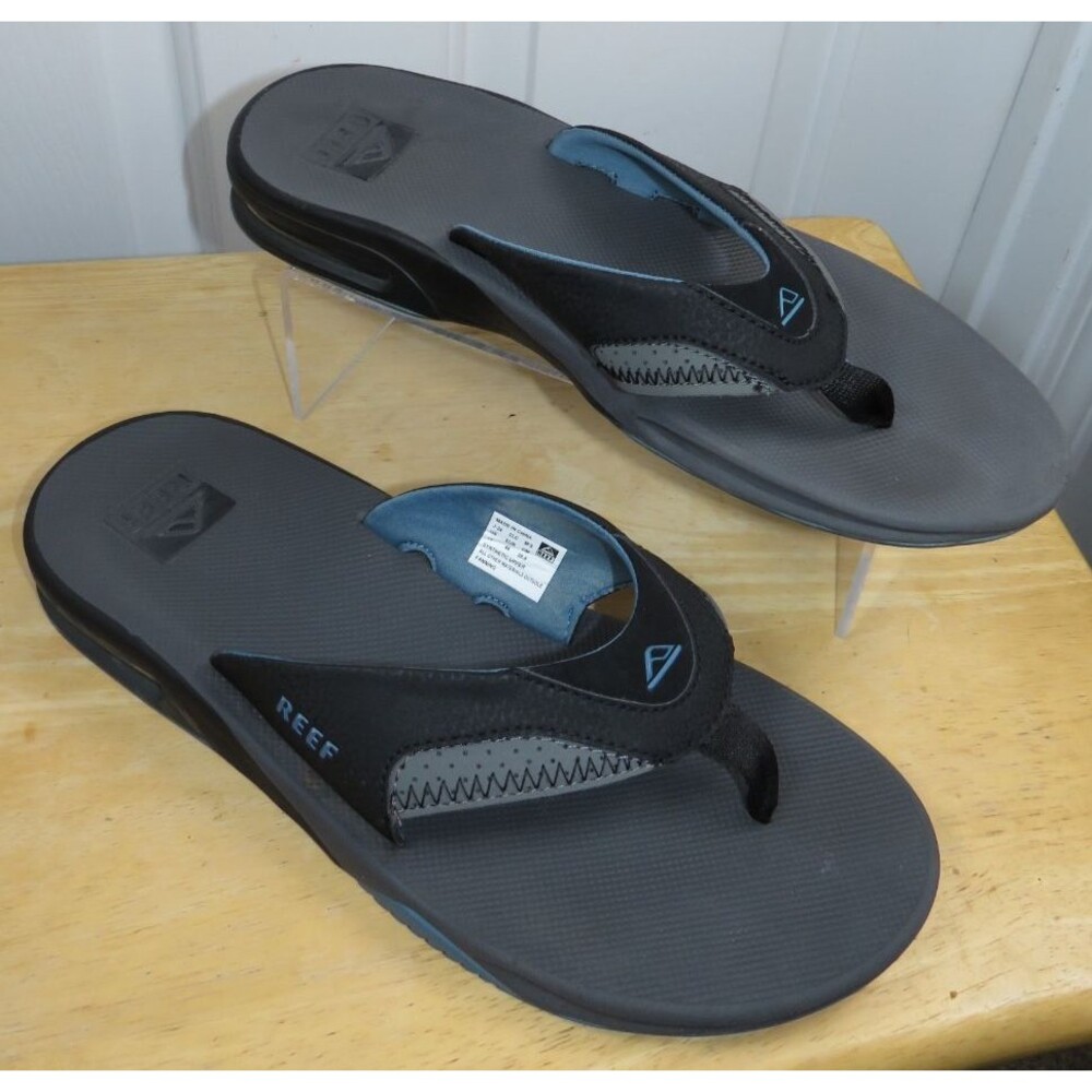 REEF Fanning Thong Sandals Gunmetal Gray/Black/Blue Mens 11 Bottle Opener Sole